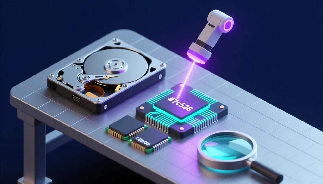 Isometric illustration of a hard drive being diagnosed and repaired