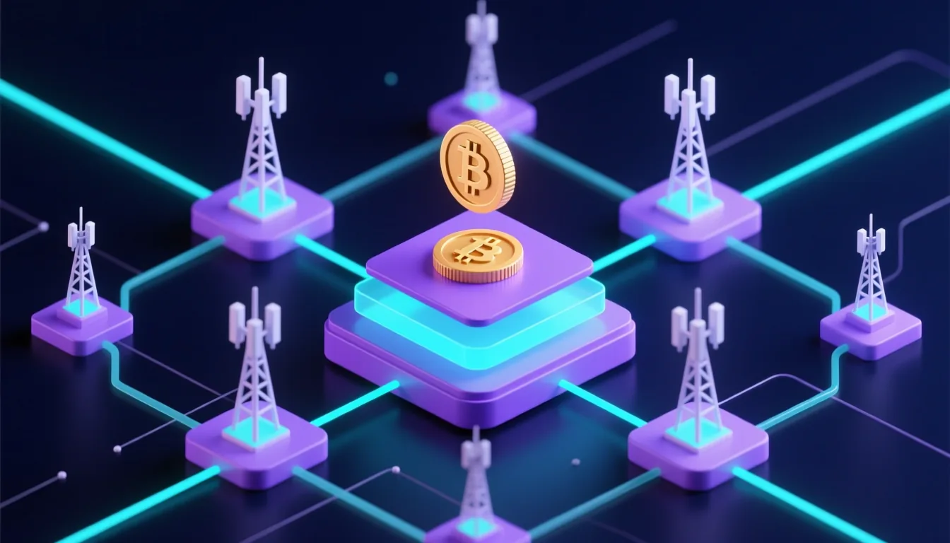 Isometric illustration of a tokenized blockchain network connecting cell towers