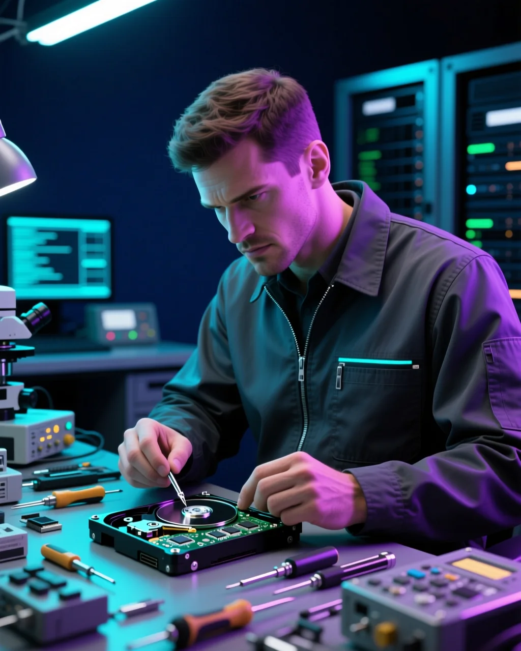 Data Labs recovery technician examining a hard drive